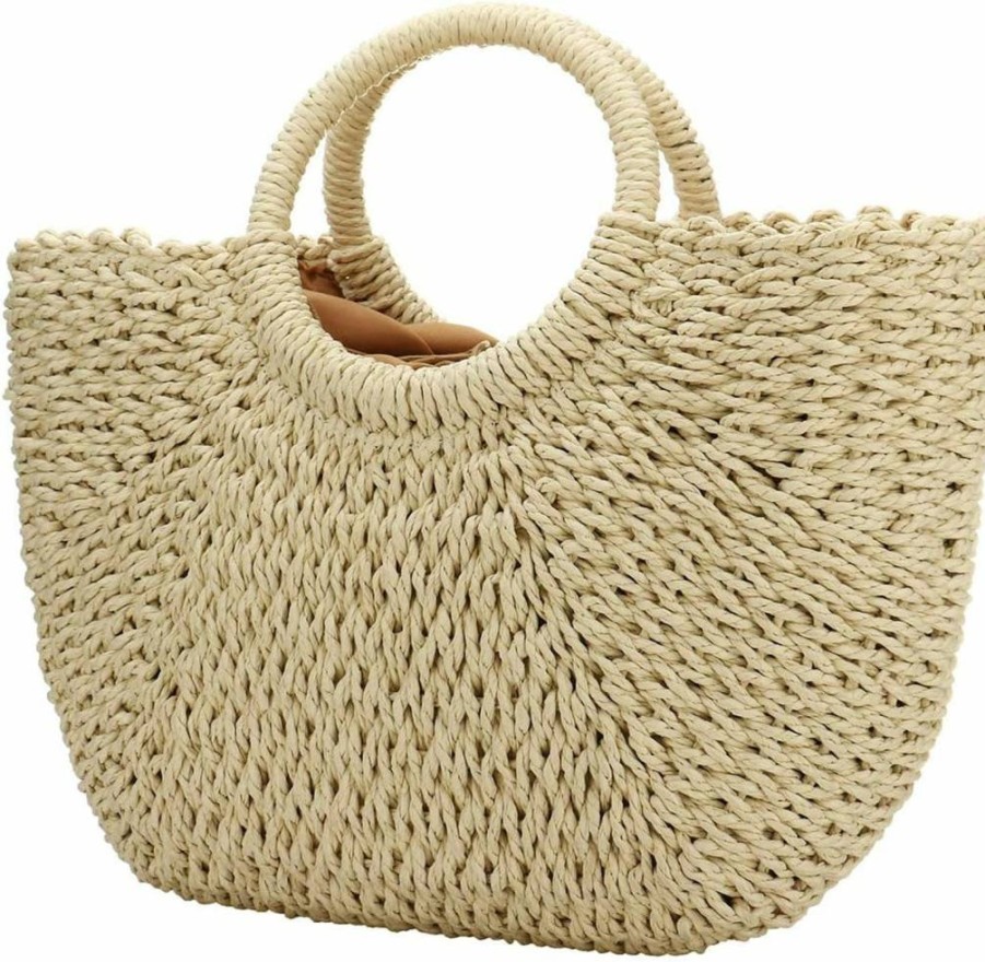 YYW Hand-Woven Straw Tote Bag for Women - Retro Beach Bag with Round Handle Ring, Summer Rattan Purse, Large Woven Basket Bag