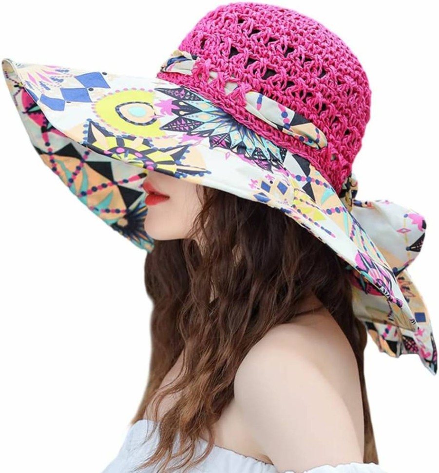 PENINSULA LOVE Women's Summer Wide Brim Floppy Hat - UV Protection Foldable Beach Cap with Flower Design