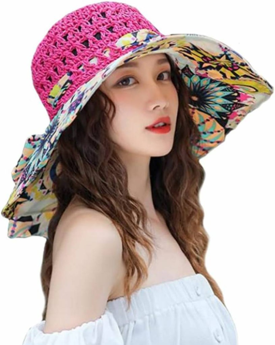 PENINSULA LOVE Women's Summer Wide Brim Floppy Hat - UV Protection Foldable Beach Cap with Flower Design