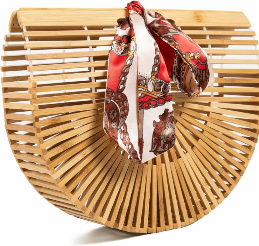 FARVALUE Women's Bamboo Tote Bag - Handmade Large Beach Bag with Wooden Accents & Free Silk Scarf | Eco-Friendly Summer Handbag