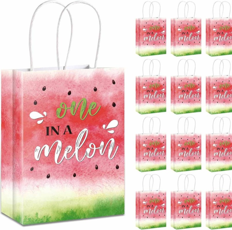 Zonon 16-Pack Watermelon Goodie Bags with Handles - 6.3x8.7 Inch Summer Party Favors for Birthday, Baby Shower, Watercolor Melon Treat Bags for Candy & Gifts