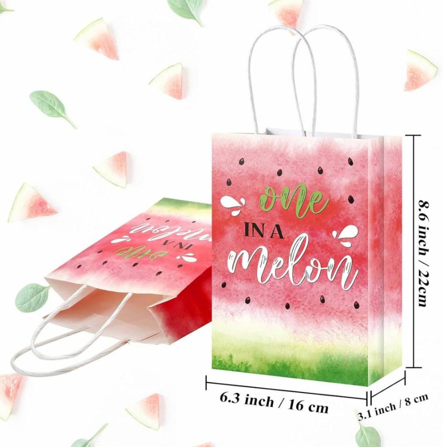 Zonon 16-Pack Watermelon Goodie Bags with Handles - 6.3x8.7 Inch Summer Party Favors for Birthday, Baby Shower, Watercolor Melon Treat Bags for Candy & Gifts
