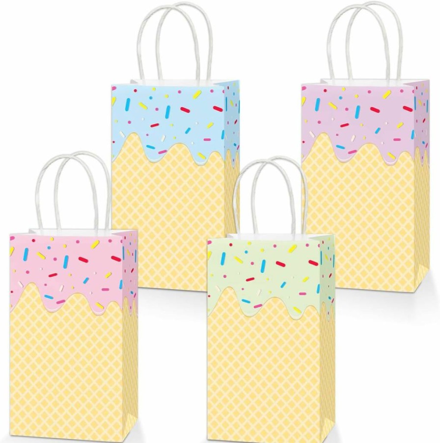 Justforjoyful 16Pcs Colorful Ice Cream Party Favor Bags With Handles - 8x4.7x3 Inch Summer Treat Goody Bags for Birthday Baby Shower Decor