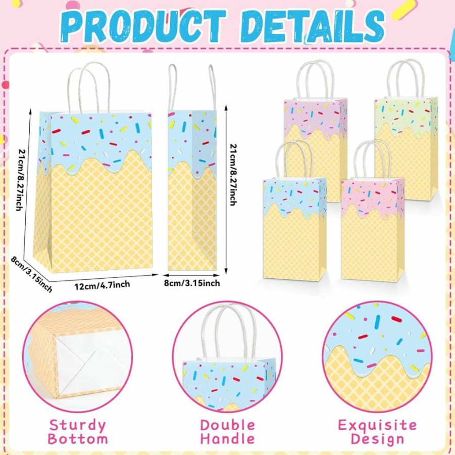 Justforjoyful 16Pcs Colorful Ice Cream Party Favor Bags With Handles - 8x4.7x3 Inch Summer Treat Goody Bags for Birthday Baby Shower Decor