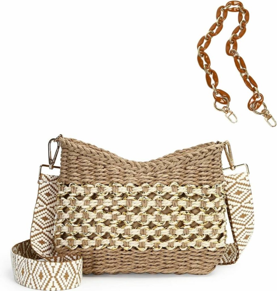 Herald Women's Small Woven Straw Crossbody Bag - Handmade Chic Summer Shoulder Purse with Chain