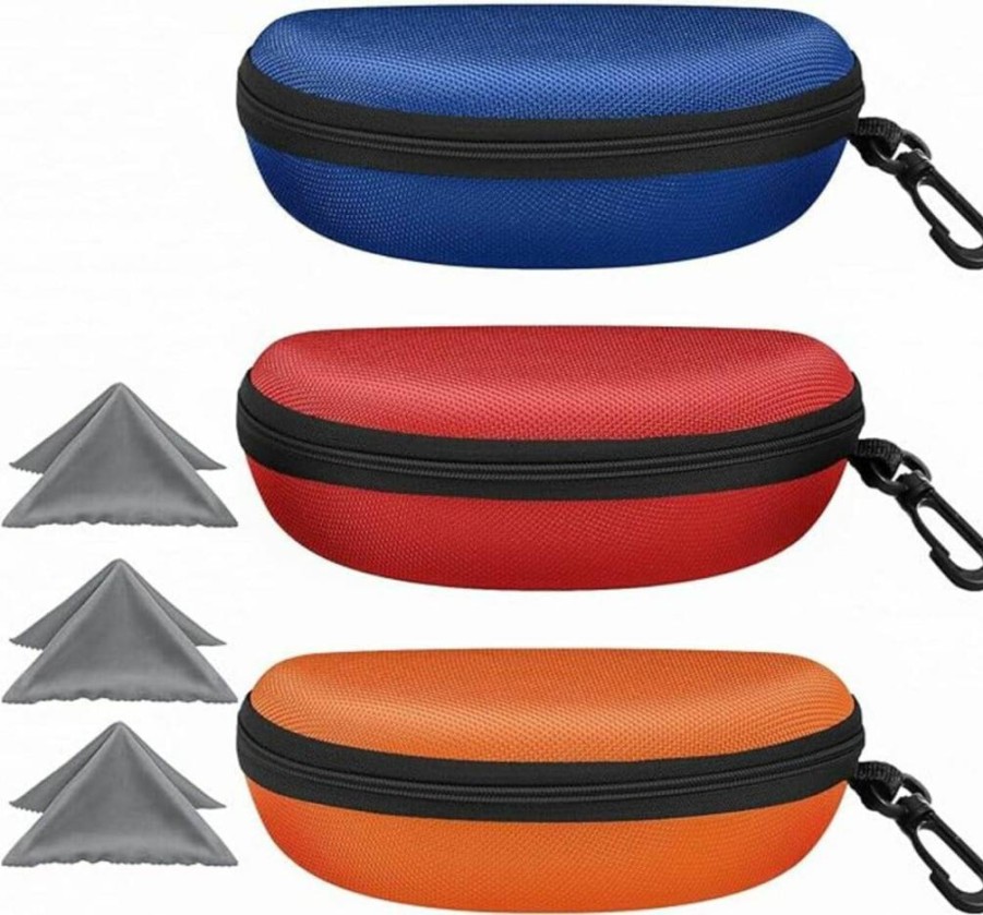 ZONLY 3 Pack Sunglasses Case with Zipper - Portable Travel Eyeglass Holder Includes Cleaning Cloth & Hook