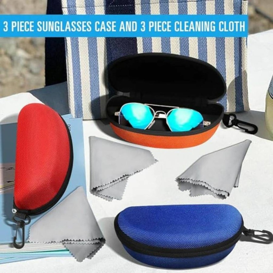 ZONLY 3 Pack Sunglasses Case with Zipper - Portable Travel Eyeglass Holder Includes Cleaning Cloth & Hook