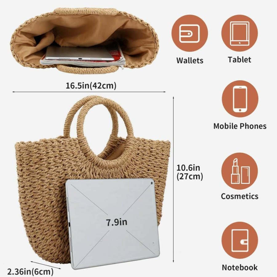 Jessie Women's Woven Straw Beach Tote Bag - Large Summer Travel Handbag with Top Handle for Women