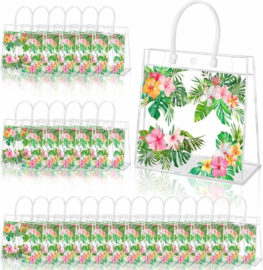 Hymenex 24 Pcs Hawaiian PVC Gift Bags with Handles - Tropical Luau Party Supplies for Candy, Goodie Treats, Aloha Festival & Summer Holiday Events