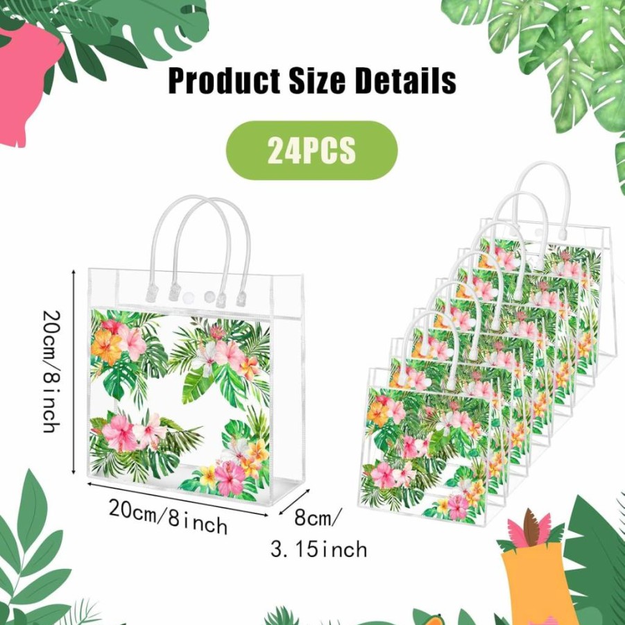 Hymenex 24 Pcs Hawaiian PVC Gift Bags with Handles - Tropical Luau Party Supplies for Candy, Goodie Treats, Aloha Festival & Summer Holiday Events
