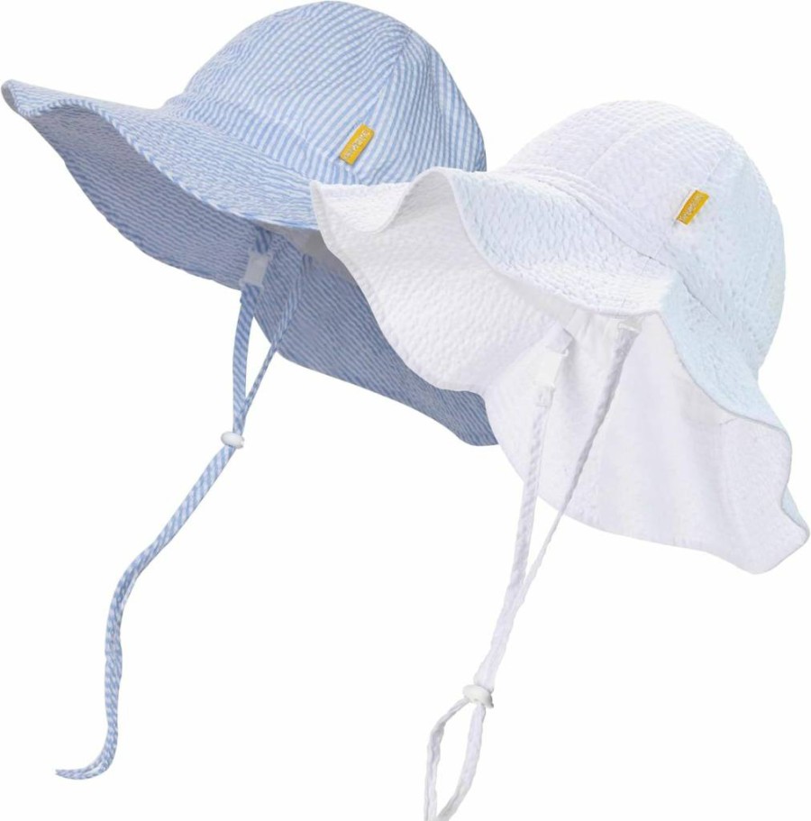 DASMINI Baby Sun Hat UPF 50+ Wide Brim Adjustable Bucket Cap for Toddler Boys & Girls, Cute Seersucker Summer Beach Hat