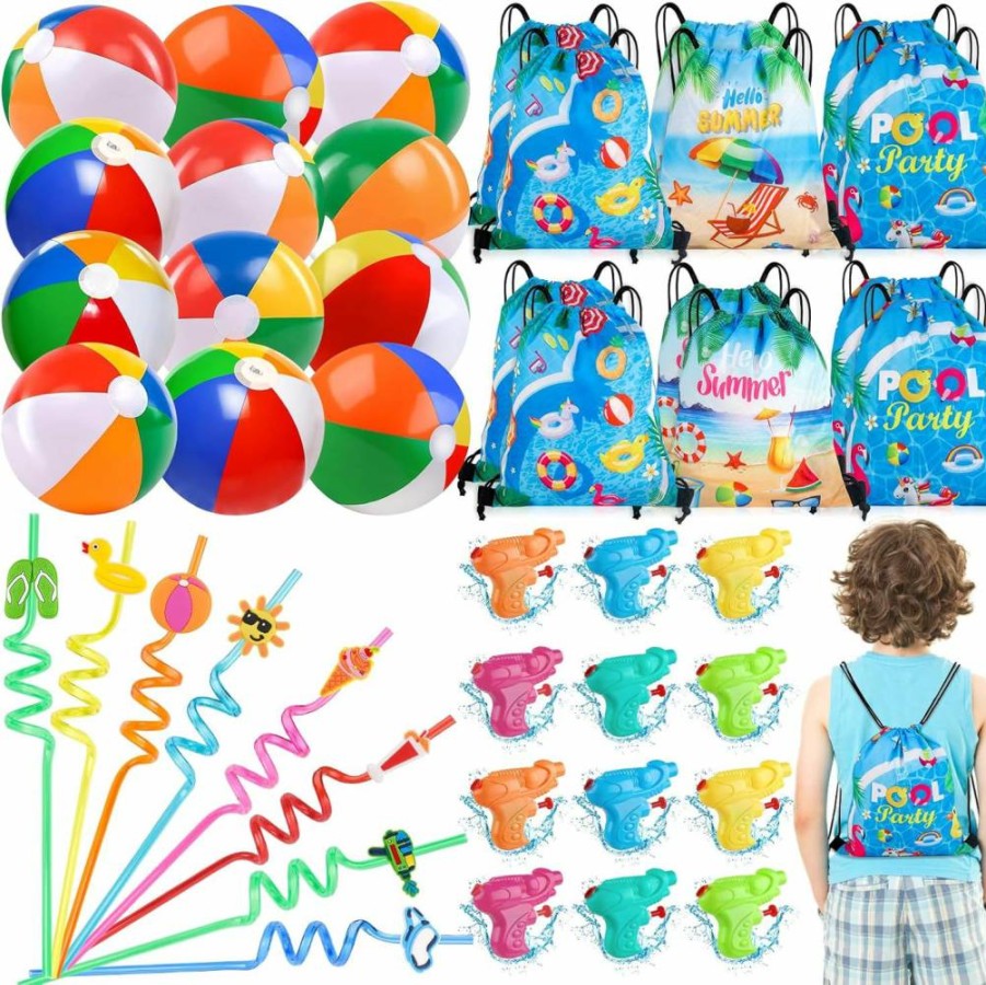 12 Pack Summer Party Favors for Kids by Thesixowls - Beach Balls, Pool Toys, Straws & Drawstring Bags for Birthdays, Goodie Bags & End of Year Gifts