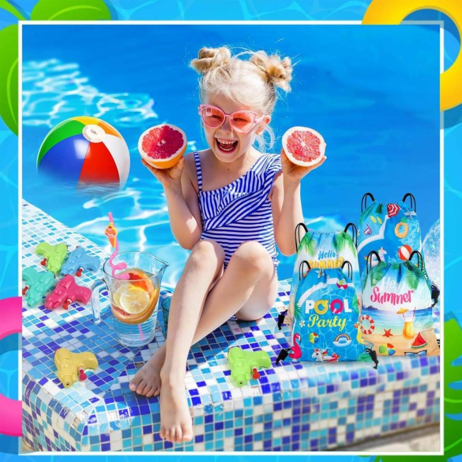 12 Pack Summer Party Favors for Kids by Thesixowls - Beach Balls, Pool Toys, Straws & Drawstring Bags for Birthdays, Goodie Bags & End of Year Gifts