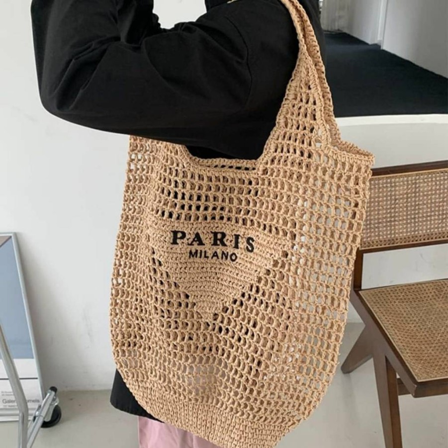 POOOPSSD Women's Foldable Straw Woven Tote Bag - Large Capacity Beach Shoulder Bag for Holiday & Travel