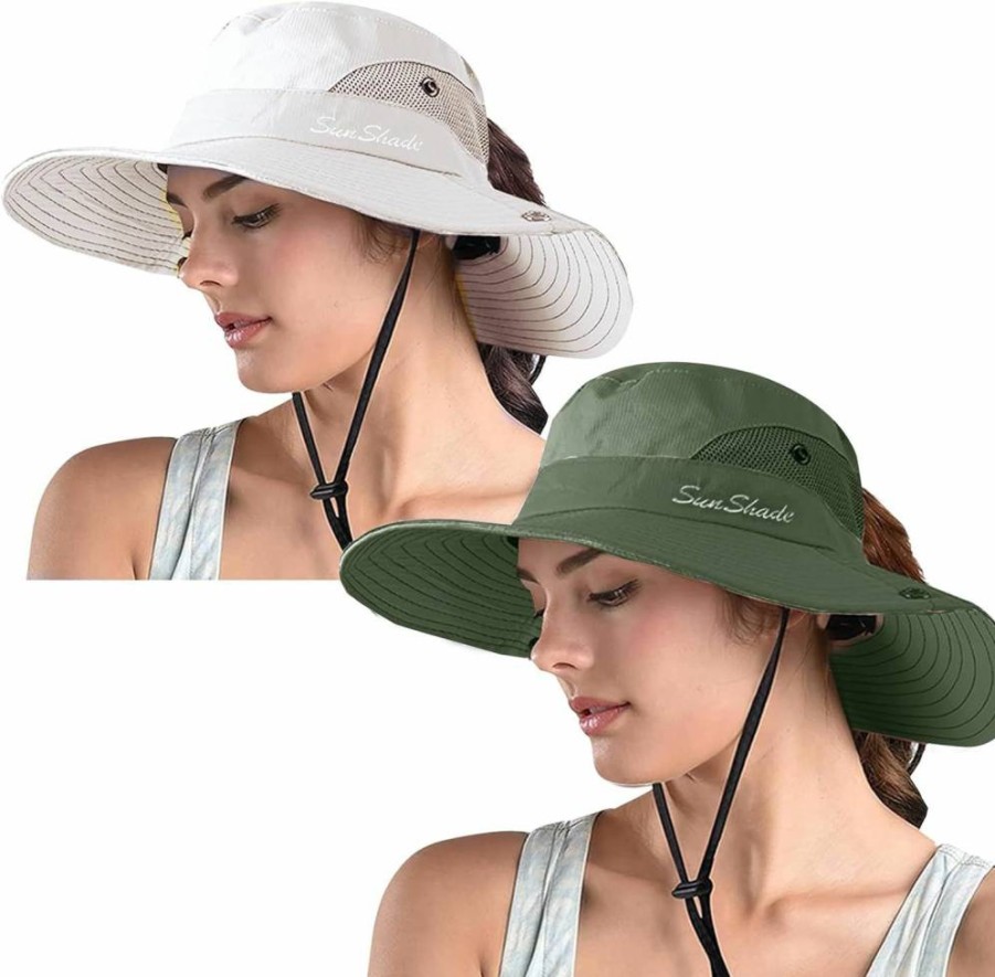ZOORON Women's Wide Brim Safari Hat UV Protection Foldable Bucket Hat for Beach Summer Outdoor Fishing Ponytail Sun Hat