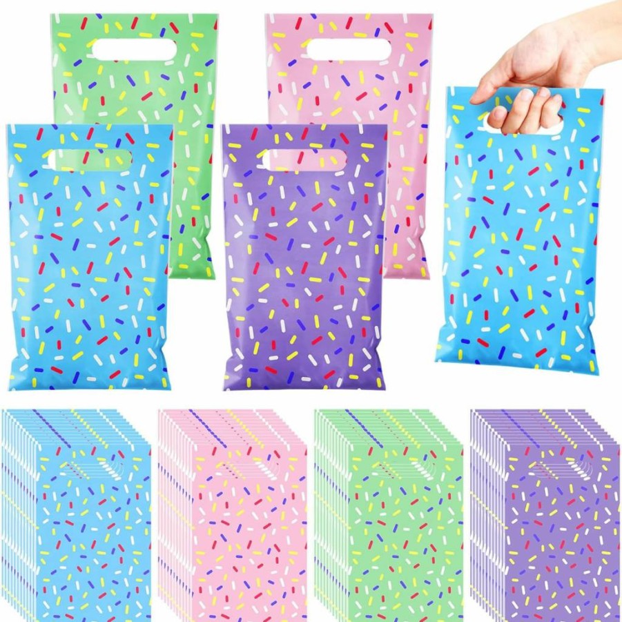Sweetude 48-Piece Donut-Shaped Plastic Goodie Bags with Handles for Party Favors, Candy, and Treats - Bulk Ice Cream & Summer Party Decorations