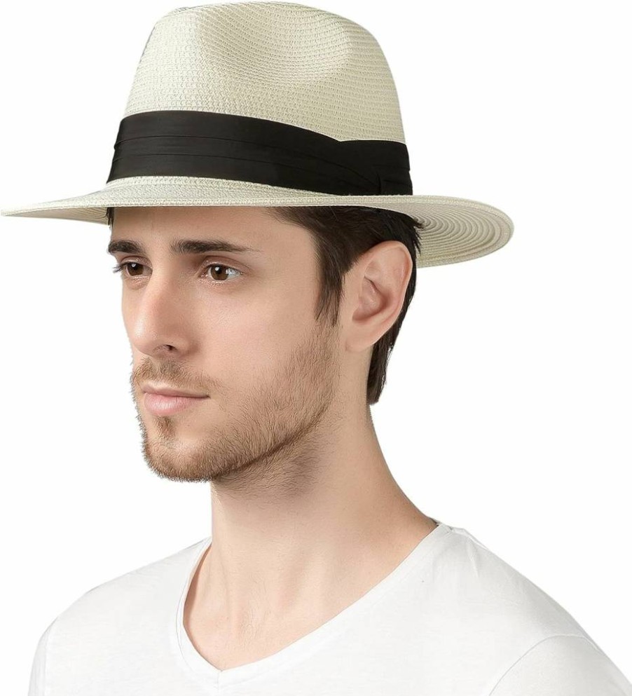 Lanzom Packable Wide Brim Straw Hat for Men & Women - Foldable Floppy Beach Sun Hat for Summer Travel