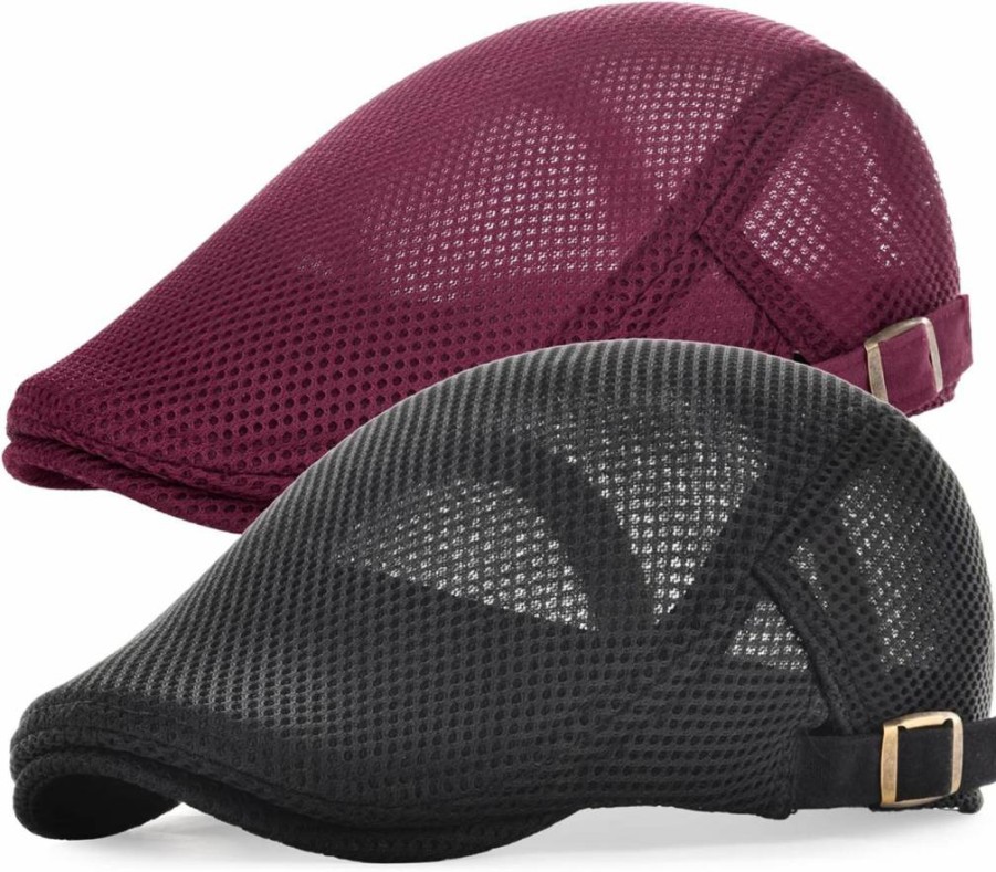 JANGOUL Men's Summer Breathable Mesh Newsboy Cap - Adjustable Duckbill Driving Hat, 2-Pack