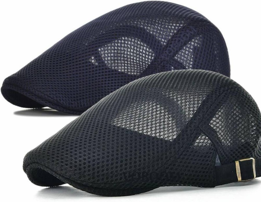 JANGOUL Men's Summer Breathable Mesh Newsboy Cap - Adjustable Duckbill Driving Hat, 2-Pack
