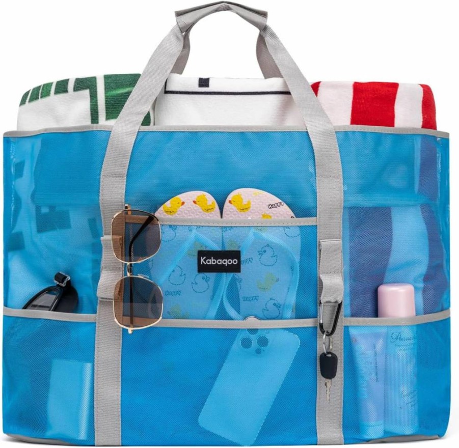 KABAQOO Waterproof Mesh Beach Tote Bag with 9 Pockets, Extra Large Lightweight Beach Bag for Pool, Travel & Shopping