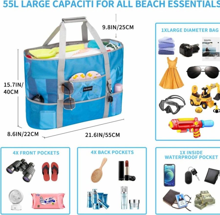 KABAQOO Waterproof Mesh Beach Tote Bag with 9 Pockets, Extra Large Lightweight Beach Bag for Pool, Travel & Shopping