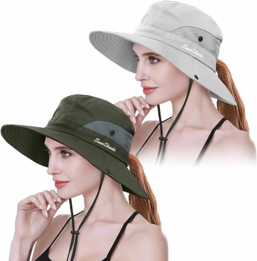 29 IYEBRAO Women's Sun Hat 2 Pack - UPF UV Protection Wide Brim Bucket Hat, Foldable Boonie Beach Cap for Summer, Fishing, Hiking, Outdoor Activities
