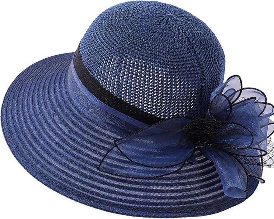 UTOWO Women's Crochet Organza Flower Straw Sun Hat - French Derby Tea Party, Summer Beach Church Hat in Navy