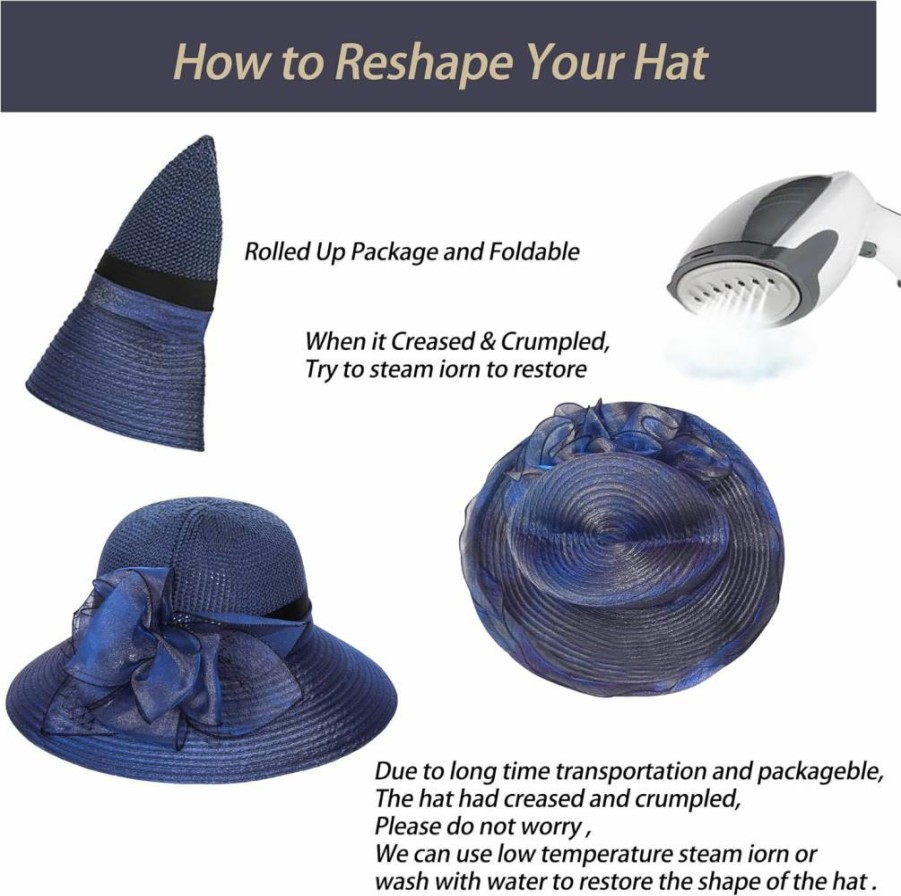 UTOWO Women's Crochet Organza Flower Straw Sun Hat - French Derby Tea Party, Summer Beach Church Hat in Navy