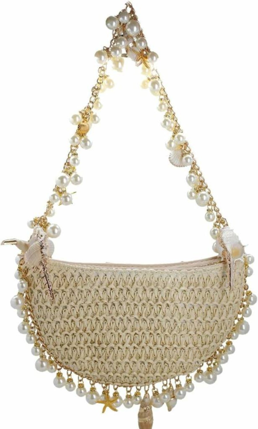 DEBIMY Women's Woven Straw Clutch Purse with Pearl Accents for Beach, Wedding, Party, and Evening Events - Summer Shoulder Handbag