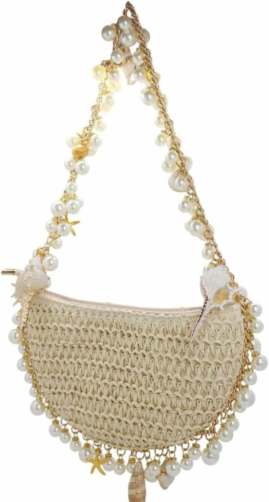 DEBIMY Women's Woven Straw Clutch Purse with Pearl Accents for Beach, Wedding, Party, and Evening Events - Summer Shoulder Handbag