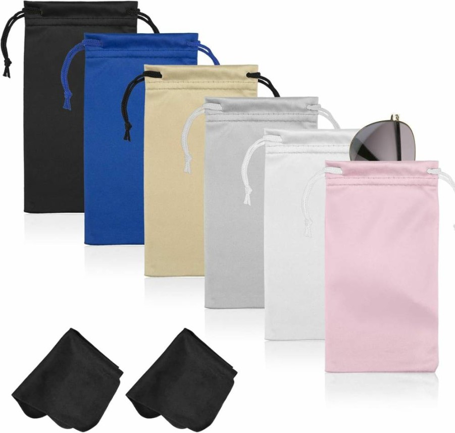 Hoiny 6-Pack Microfiber Glasses & Sunglasses Pouch Set with Drawstring - Includes 2 Cleaning Cloths, Soft Storage Bags for Eyewear, Phones, and Small Accessories