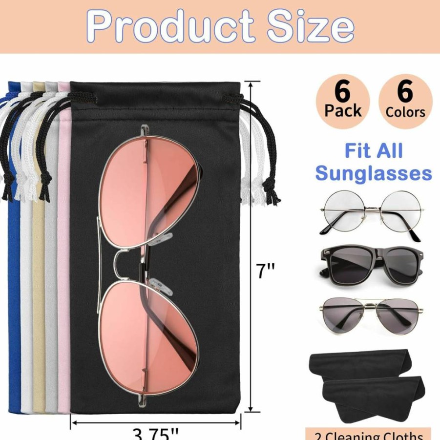 Hoiny 6-Pack Microfiber Glasses & Sunglasses Pouch Set with Drawstring - Includes 2 Cleaning Cloths, Soft Storage Bags for Eyewear, Phones, and Small Accessories