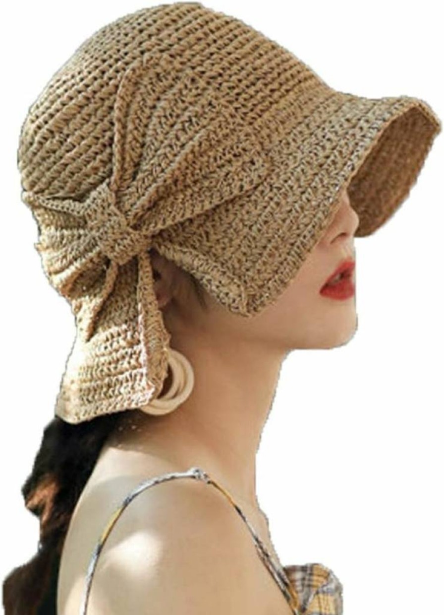 Asufegucd Women's UPF50+ Wide Brim Straw Sun Hat - Foldable Summer Beach Hat with Oversized Bow for Travel & Outdoor UV Protection