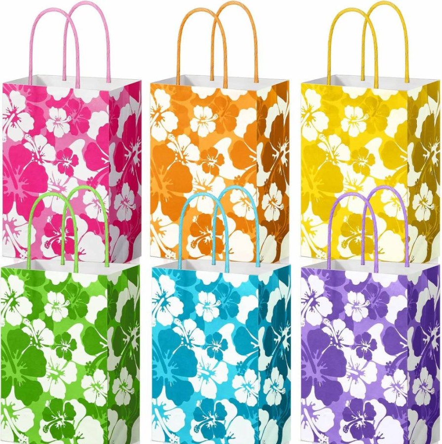 Teling 24 Pcs Hawaiian Luau Party Favor Bags - Tropical Hibiscus Print Goodie Bags for Kids Birthday, Summer Tiki Party Supplies, Multicolor Gift Bags with Handles (8.3 x 6 x 3 Inches)