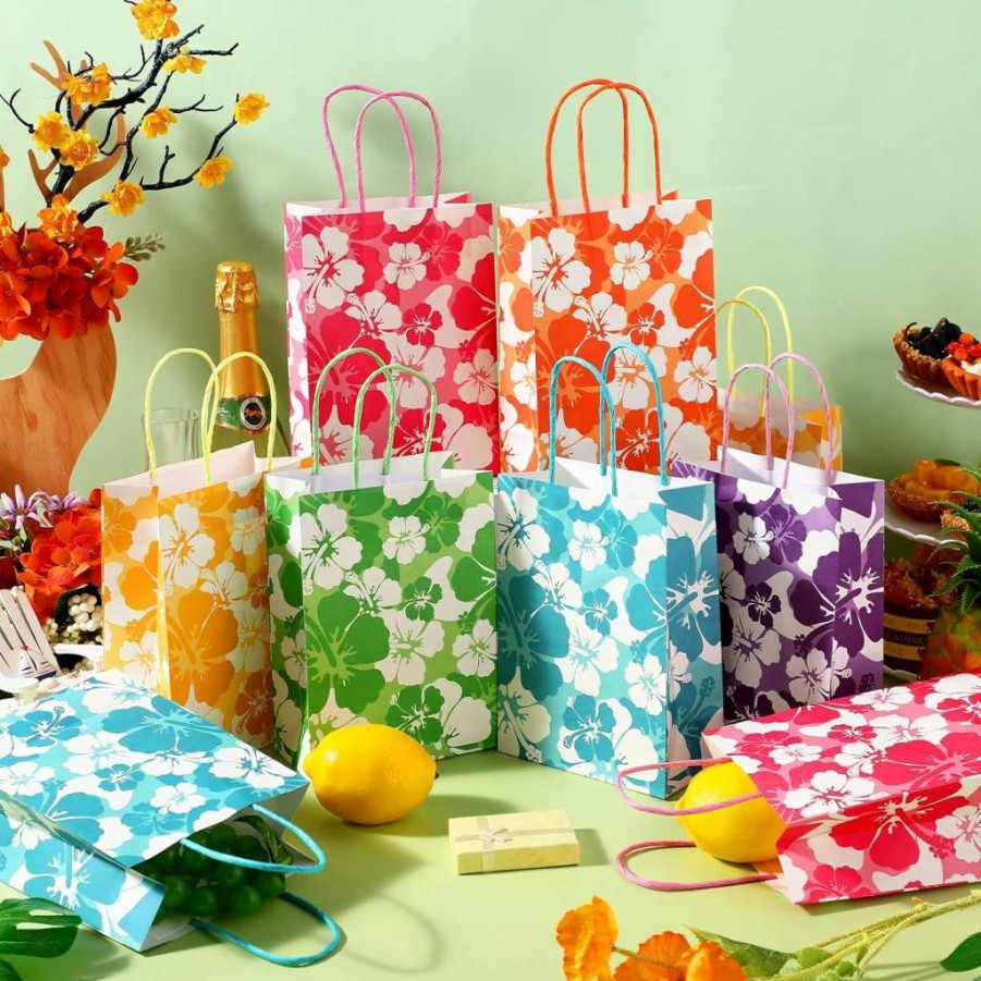 Teling 24 Pcs Hawaiian Luau Party Favor Bags - Tropical Hibiscus Print Goodie Bags for Kids Birthday, Summer Tiki Party Supplies, Multicolor Gift Bags with Handles (8.3 x 6 x 3 Inches)